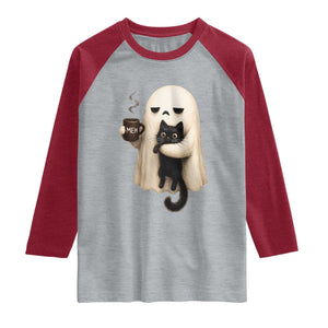 Meh Boojee Sleepy Ghost Holding Black Cat Drinking Coffee Raglan Shirt Spooky Halloween Cute Autumn Morning Mood Graphic