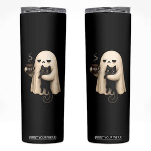 Meh Boojee Sleepy Ghost Holding Black Cat Drinking Coffee Skinny Tumbler Spooky Halloween Cute Autumn Morning Mood Graphic