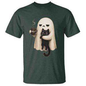 Meh Boojee Sleepy Ghost Holding Black Cat Drinking Coffee T Shirt Spooky Halloween Cute Autumn Morning Mood Graphic
