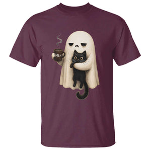 Meh Boojee Sleepy Ghost Holding Black Cat Drinking Coffee T Shirt Spooky Halloween Cute Autumn Morning Mood Graphic