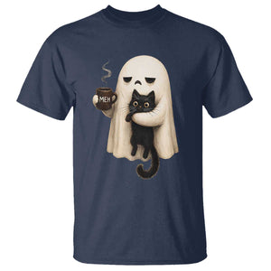 Meh Boojee Sleepy Ghost Holding Black Cat Drinking Coffee T Shirt Spooky Halloween Cute Autumn Morning Mood Graphic