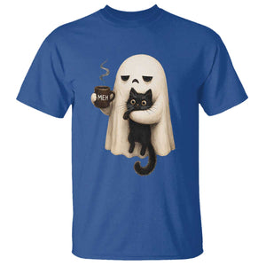 Meh Boojee Sleepy Ghost Holding Black Cat Drinking Coffee T Shirt Spooky Halloween Cute Autumn Morning Mood Graphic