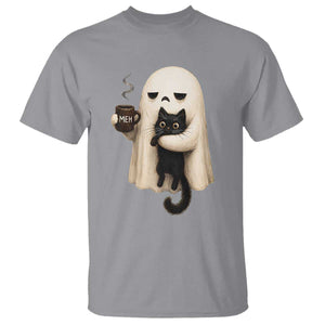 Meh Boojee Sleepy Ghost Holding Black Cat Drinking Coffee T Shirt Spooky Halloween Cute Autumn Morning Mood Graphic