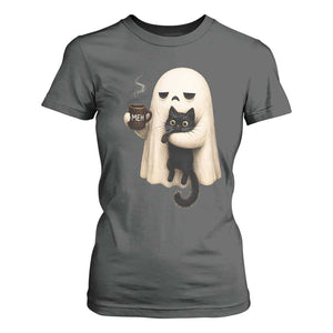 Meh Boojee Sleepy Ghost Holding Black Cat Drinking Coffee T Shirt For Women Spooky Halloween Cute Autumn Morning Mood Graphic