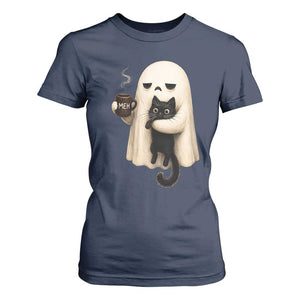 Meh Boojee Sleepy Ghost Holding Black Cat Drinking Coffee T Shirt For Women Spooky Halloween Cute Autumn Morning Mood Graphic