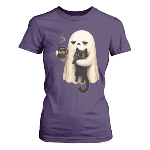 Meh Boojee Sleepy Ghost Holding Black Cat Drinking Coffee T Shirt For Women Spooky Halloween Cute Autumn Morning Mood Graphic