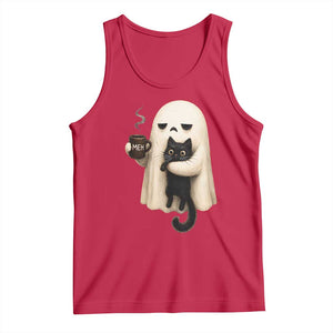 Meh Boojee Sleepy Ghost Holding Black Cat Drinking Coffee Tank Top Spooky Halloween Cute Autumn Morning Mood Graphic