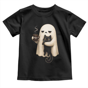 Meh Boojee Sleepy Ghost Holding Black Cat Drinking Coffee Toddler T Shirt Spooky Halloween Cute Autumn Morning Mood Graphic