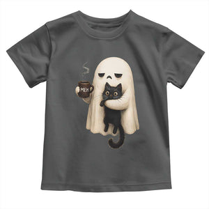 Meh Boojee Sleepy Ghost Holding Black Cat Drinking Coffee Toddler T Shirt Spooky Halloween Cute Autumn Morning Mood Graphic