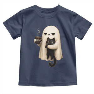 Meh Boojee Sleepy Ghost Holding Black Cat Drinking Coffee Toddler T Shirt Spooky Halloween Cute Autumn Morning Mood Graphic