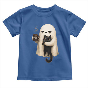 Meh Boojee Sleepy Ghost Holding Black Cat Drinking Coffee Toddler T Shirt Spooky Halloween Cute Autumn Morning Mood Graphic