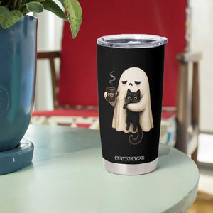 Meh Boojee Sleepy Ghost Holding Black Cat Drinking Coffee Tumbler Cup Spooky Halloween Cute Autumn Morning Mood Graphic