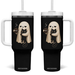 Meh Boojee Sleepy Ghost Holding Black Cat Drinking Coffee Tumbler With Handle Spooky Halloween Cute Autumn Morning Mood Graphic
