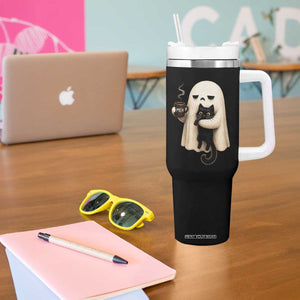 Meh Boojee Sleepy Ghost Holding Black Cat Drinking Coffee Tumbler With Handle Spooky Halloween Cute Autumn Morning Mood Graphic