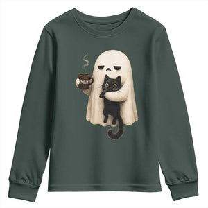Meh Boojee Sleepy Ghost Holding Black Cat Drinking Coffee Youth Sweatshirt Spooky Halloween Cute Autumn Morning Mood Graphic