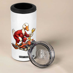 Funny Duck Mechanic Race Car Pit Crew 4 in 1 Can Cooler Tumbler Motorsports Enthusiast Auto Repair