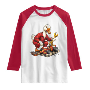 Funny Duck Mechanic Race Car Pit Crew Raglan Shirt Motorsports Enthusiast Auto Repair