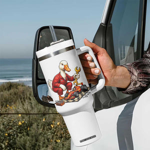 Funny Duck Mechanic Race Car Pit Crew Tumbler With Handle Motorsports Enthusiast Auto Repair