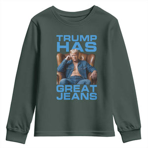 Funny Trump Has Great Jeans Youth Sweatshirt Parody Denim Outfit Graphic TS02 Dark Forest Green Print Your Wear