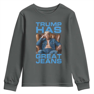 Funny Trump Has Great Jeans Youth Sweatshirt Parody Denim Outfit Graphic TS02 Dark Heather Print Your Wear