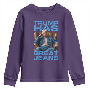 Funny Trump Has Great Jeans Youth Sweatshirt Parody Denim Outfit Graphic TS02 Purple Print Your Wear
