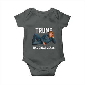 Funny Trump Has Great Jeans Baby Onesie Model Posing Parody Denim TS02 Dark Heather Print Your Wear