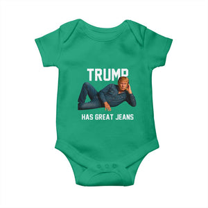 Funny Trump Has Great Jeans Baby Onesie Model Posing Parody Denim TS02 Irish Green Print Your Wear