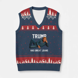 Funny Trump Has Great Jeans V-Neck Knit Sweater Vest Model Posing Parody Denim TS02 Navy Red Print Your Wear
