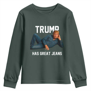 Funny Trump Has Great Jeans Youth Sweatshirt Model Posing Parody Denim TS02 Dark Forest Green Print Your Wear