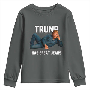 Funny Trump Has Great Jeans Youth Sweatshirt Model Posing Parody Denim TS02 Dark Heather Print Your Wear
