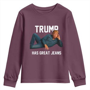 Funny Trump Has Great Jeans Youth Sweatshirt Model Posing Parody Denim TS02 Maroon Print Your Wear