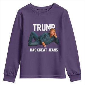 Funny Trump Has Great Jeans Youth Sweatshirt Model Posing Parody Denim TS02 Purple Print Your Wear