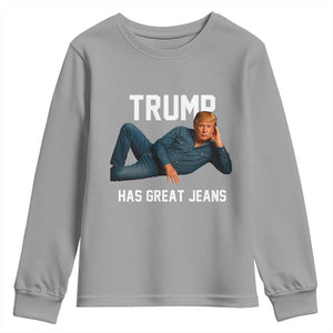 Funny Trump Has Great Jeans Youth Sweatshirt Model Posing Parody Denim TS02 Sport Gray Print Your Wear