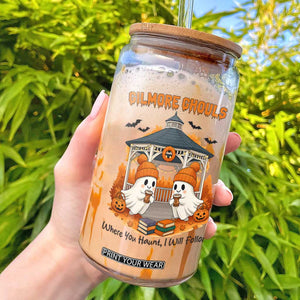 Cute Gilmore Ghouls Halloween Ghost Glass Can Cozy Fall Aesthetic with Pumpkin Spice and Books TS02 White Print Your Wear