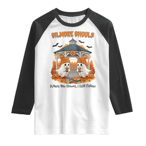 Cute Gilmore Ghouls Halloween Ghost Raglan Shirt Cozy Fall Aesthetic with Pumpkin Spice and Books TS02 White Black Print Your Wear