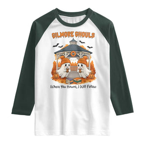 Cute Gilmore Ghouls Halloween Ghost Raglan Shirt Cozy Fall Aesthetic with Pumpkin Spice and Books TS02 White Dark Forest Green Print Your Wear