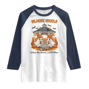 Cute Gilmore Ghouls Halloween Ghost Raglan Shirt Cozy Fall Aesthetic with Pumpkin Spice and Books TS02 White Navy Print Your Wear