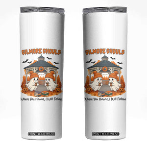 Cute Gilmore Ghouls Halloween Ghost Skinny Tumbler Cozy Fall Aesthetic with Pumpkin Spice and Books TS02 White Print Your Wear