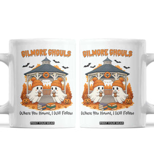 Cute Gilmore Ghouls Halloween Ghost Coffee Mug Cozy Fall Aesthetic with Pumpkin Spice and Books TS02 White Print Your Wear