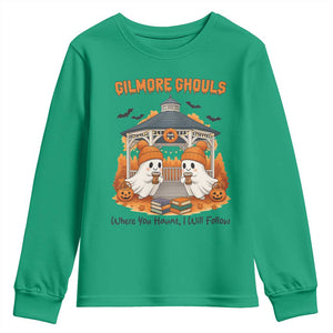 Cute Gilmore Ghouls Halloween Ghost Youth Sweatshirt Cozy Fall Aesthetic with Pumpkin Spice and Books TS02 Irish Green Print Your Wear