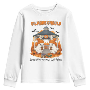 Cute Gilmore Ghouls Halloween Ghost Youth Sweatshirt Cozy Fall Aesthetic with Pumpkin Spice and Books TS02 White Print Your Wear