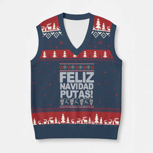 Mexican Xmas V-Neck Knit Sweater Vest Feliz Navidad Putas Funny Mexican Ugly Xmas Party TS02 Navy Red Print Your Wear