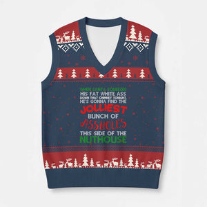 Funny Xmas Movie V-Neck Knit Sweater Vest Jolliest Bunch of Assholes This Side of The Nuthouse Xmas Vacation TS02 Navy Red Print Your Wear