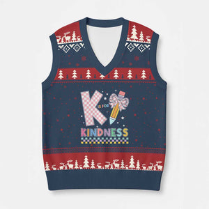 K Is For Kindness V-Neck Knit Sweater Vest Cute Pencil Bow Teacher Be Kind TS02 Navy Red Print Your Wear