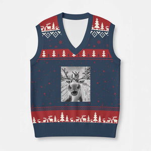 Funny Xmas Reindeer Selfie V-Neck Knit Sweater Vest With Santa Xmas Gag Gift TS02 Navy Red Print Your Wear