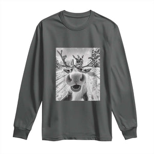 Funny Christmas Reindeer Selfie Long Sleeve Shirt With Santa Xmas Gag Gift TS02 Dark Heather Print Your Wear