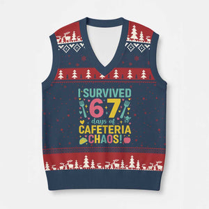 I Survived 67 Days of Cafeteria Chaos V-Neck Knit Sweater Vest Funny School Lunch Duty TS02 Navy Red Print Your Wear