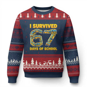 Funny School Bus Driver Ugly Christmas Sweater I Survived 67 Days of School TS02 Navy Red Print Your Wear