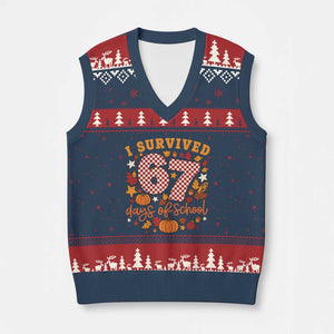 I Survived 67 Days of School V-Neck Knit Sweater Vest Autumn Fall Leaves Back To School TS02 Navy Red Print Your Wear