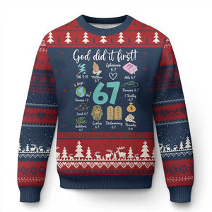 God Did It First 6 7 Ugly Christmas Sweater Funny Christian Bible Verse Meme 67 References TS02 Navy Red Print Your Wear